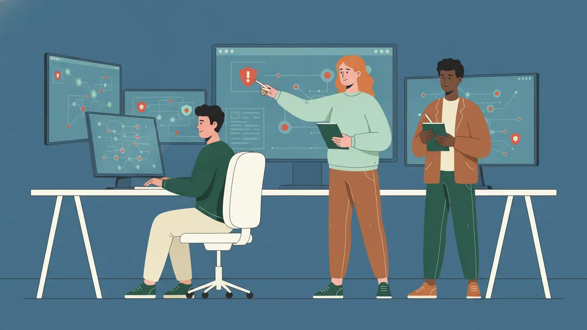 Illustration : trois étudiants face à plusieurs écrans qui affichent des cartes de réseau avec des points rouges et verts et des boucliers ; l'une montre une alerte, un autre tape au clavier, le troisième prend des notes.
