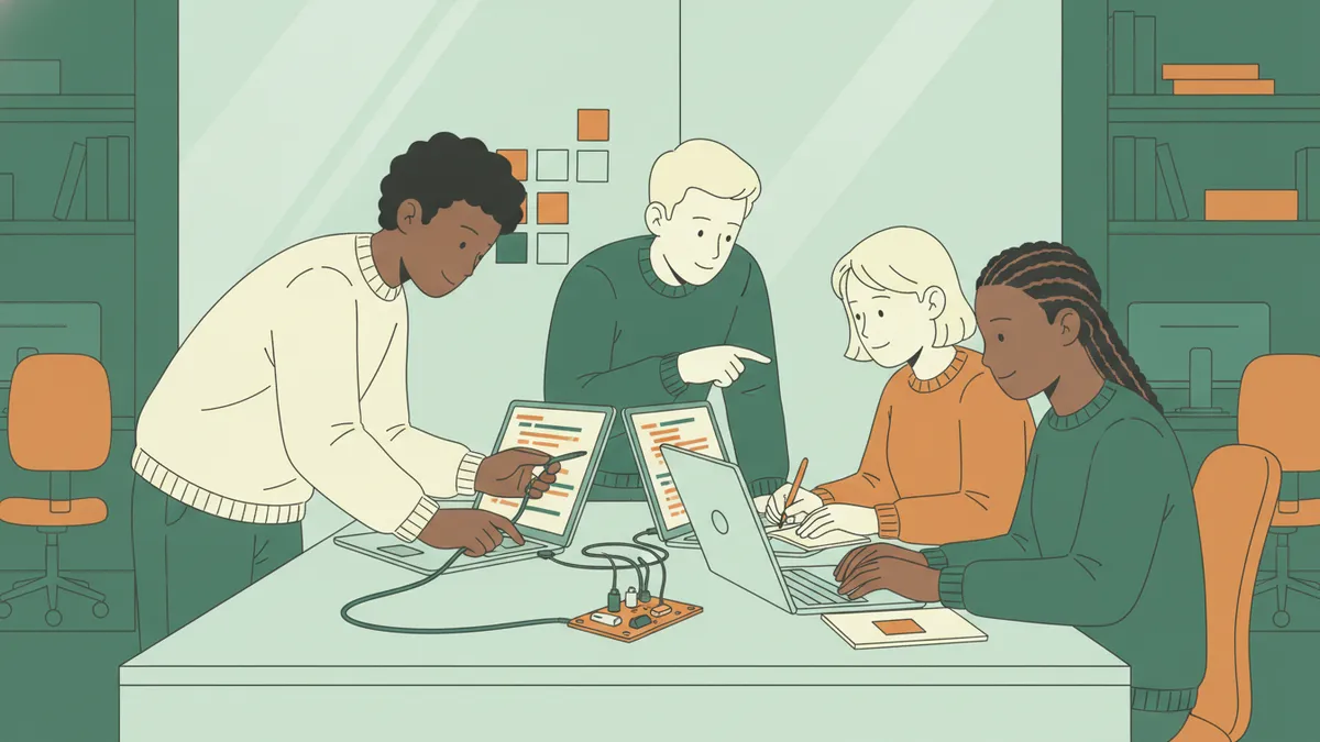 Illustration : quatre étudiants autour d'une table avec des ordinateurs portables et une petite carte électronique reliée à des capteurs ; l'un branche un câble, une autre explique quelque chose sur son écran ; des post-it sont collés sur une paroi vitrée.