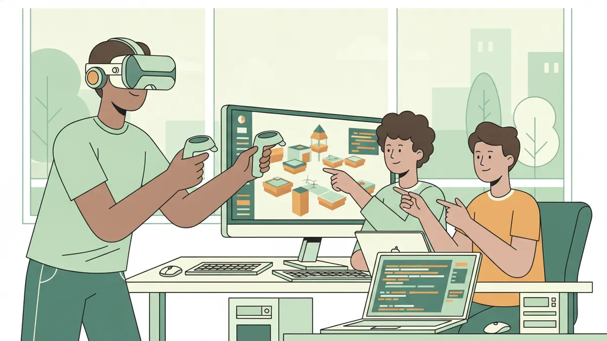 Illustration : dans une salle informatique, un étudiant coiffé d'un casque de réalité virtuelle tend le bras, une manette dans chaque main, pendant que deux camarades assis devant un grand écran affichant un niveau de jeu en 3D l'observent et ajustent le code sur un ordinateur portable.