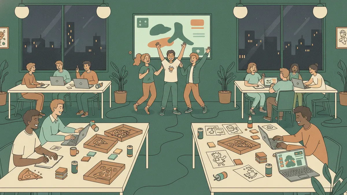 Illustration : une salle animée pendant une game jam, le soir ; des petites équipes travaillent autour de tables couvertes d'ordinateurs, de post-it, de croquis de personnages et de boîtes de pizza ; une équipe lève les bras de joie devant son prototype qui tourne sur un écran.