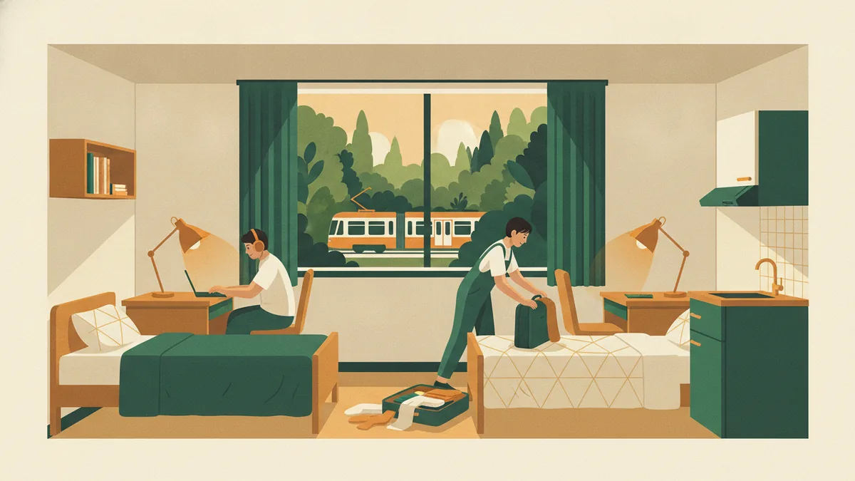 Illustration : une chambre de résidence pour deux, deux lits, deux bureaux avec lampes, un coin cuisine, et par la fenêtre un tramway qui passe devant les arbres du campus.