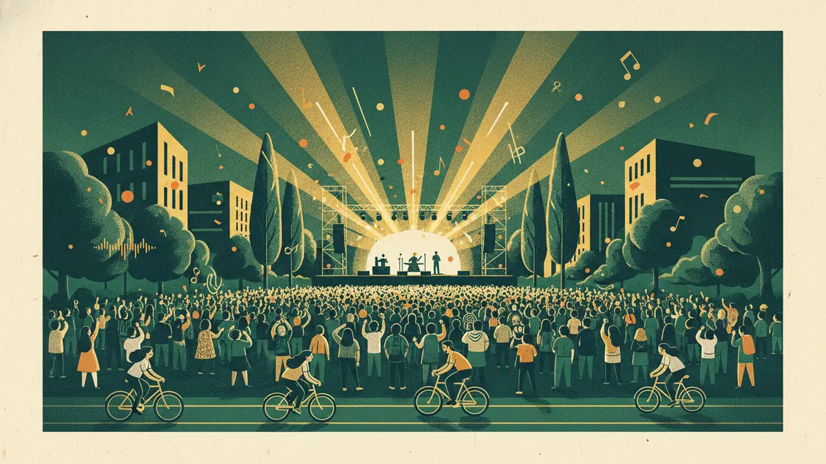 Illustration : une foule vue de dos, la nuit, devant une grande scène éclairée entre des bâtiments et des arbres, avec des cyclistes sur une piste au premier plan.