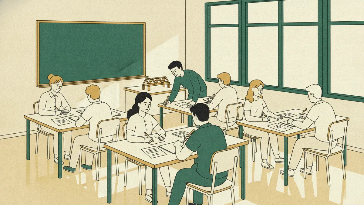 Illustration : une salle de TD, huit étudiants à leurs tables, un enseignant penché sur un exercice avec une maquette de pont en treillis posée sur le bureau.