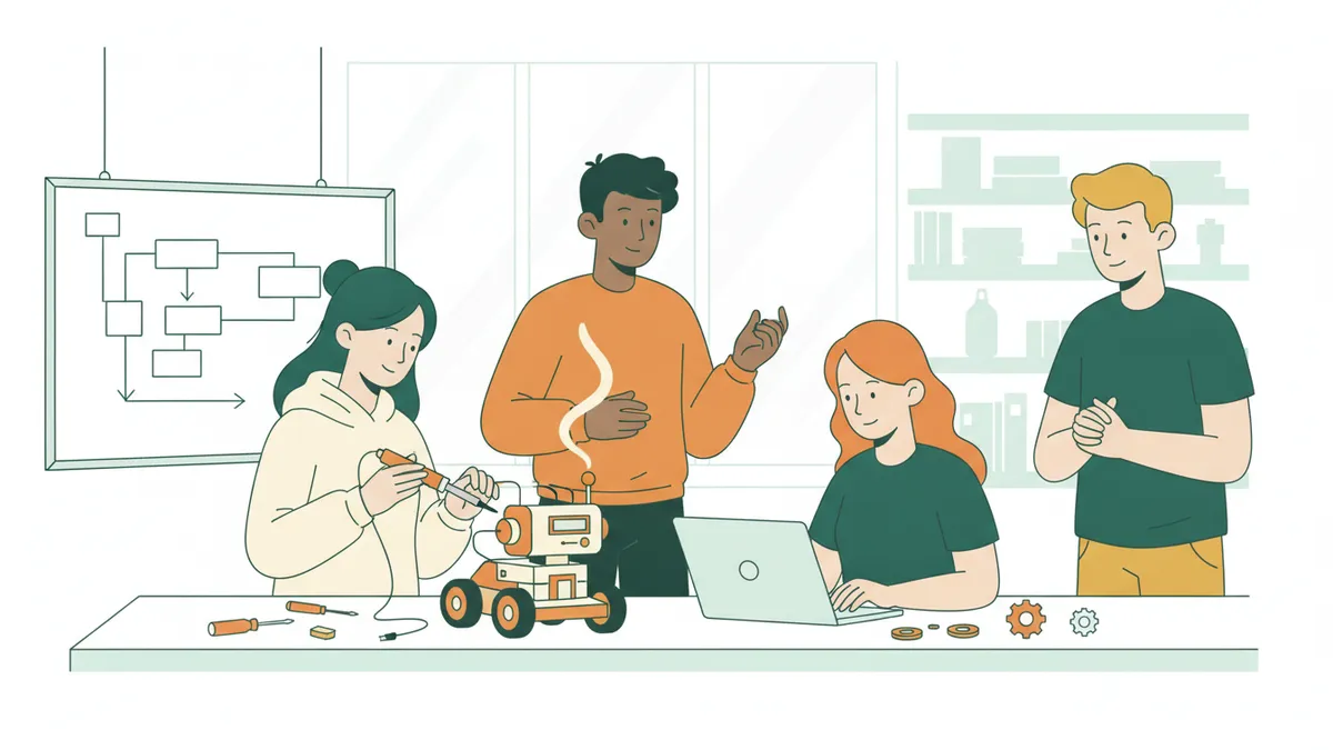 Illustration : quatre étudiants en école d'ingénieurs construisent un petit robot à roues ; une étudiante soude un composant, une autre programme sur un ordinateur portable, un étudiant explique un schéma au tableau.