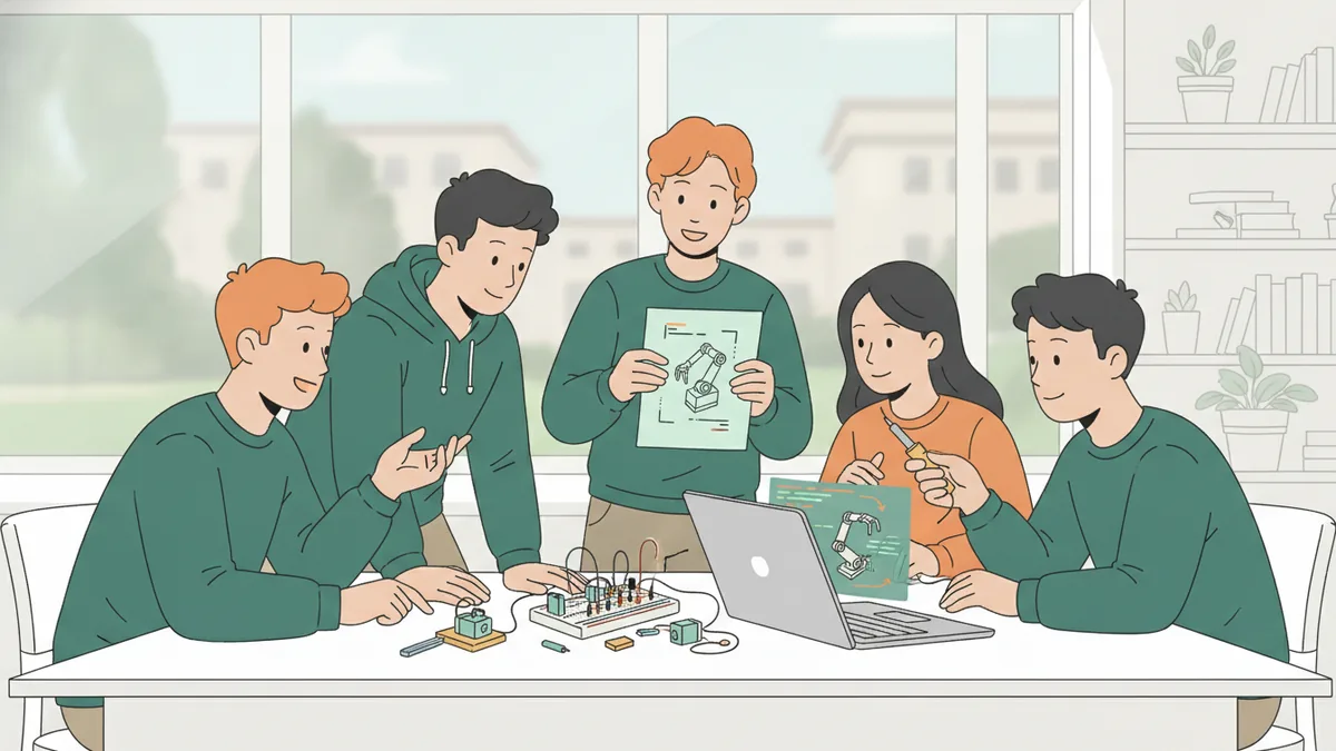 Illustration : cinq étudiants autour d'une table dans une salle lumineuse montent un petit prototype électronique ; un ordinateur affiche un modèle 3D, une étudiante montre un croquis.