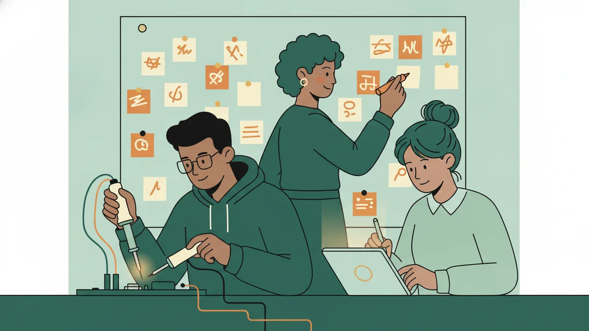 Illustration : un étudiant soude un composant électronique, une étudiante dessine sur une tablette, une troisième colle des notes sur un tableau blanc : ils avancent ensemble sur le même projet.
