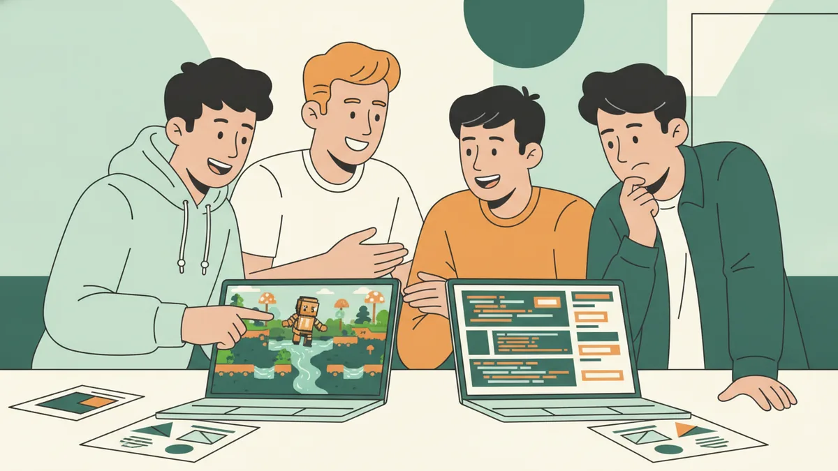 Illustration : quatre étudiants penchés sur deux ordinateurs portables ; l'un affiche le niveau coloré d'un jeu vidéo avec un personnage, l'autre des lignes de code ; ils discutent en montrant l'écran.