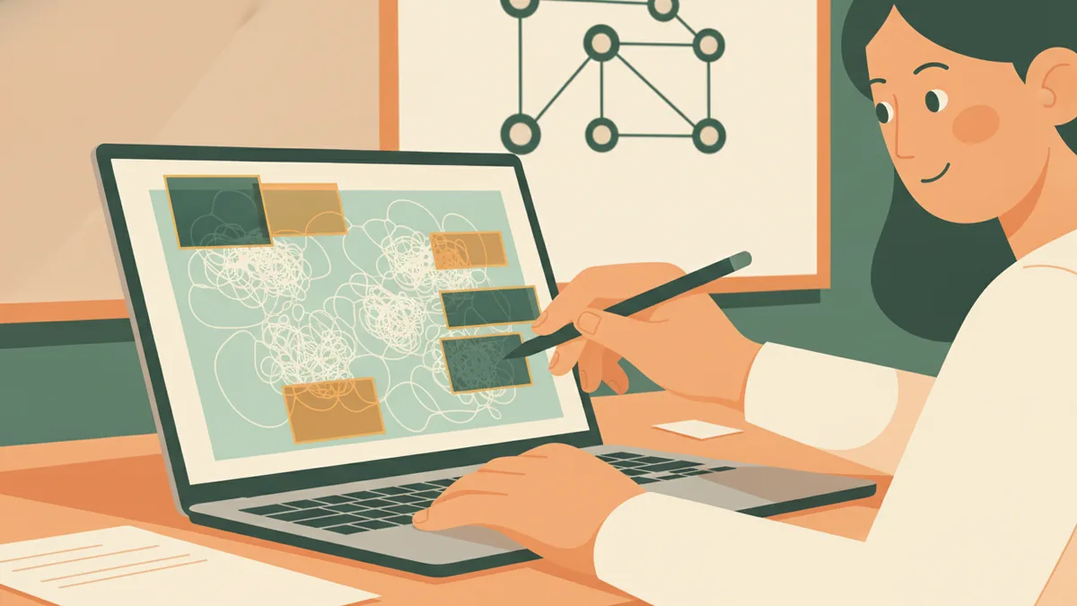Illustration : gros plan sur un ordinateur où un logiciel entoure de cadres de couleur les zones d'une page scannée ; une étudiante pointe l'écran avec un stylet, un schéma de réseau de neurones est au mur.