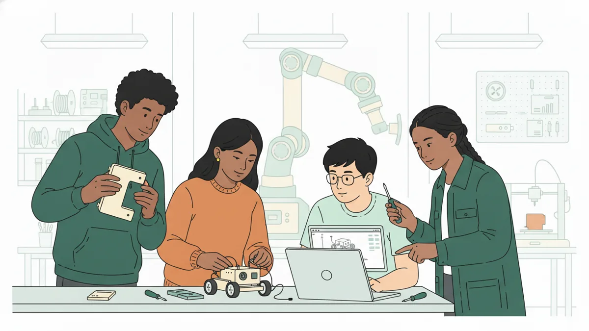 Illustration : quatre étudiants de première année autour d'un établi, dans un grand atelier lumineux ; l'un tient une pièce sortie d'une imprimante 3D, une autre câble un petit robot à roues, un troisième vérifie un modèle 3D sur un ordinateur portable ; un bras robotisé et une imprimante 3D au fond.