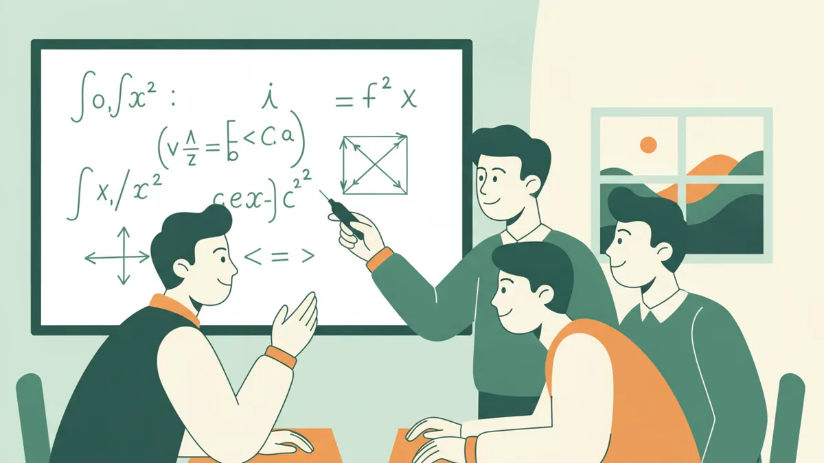 Illustration : trois étudiants debout devant un tableau blanc couvert d'intégrales et de flèches ; l'un explique un calcul au feutre, les autres l'écoutent, une enseignante désigne une étape en souriant.
