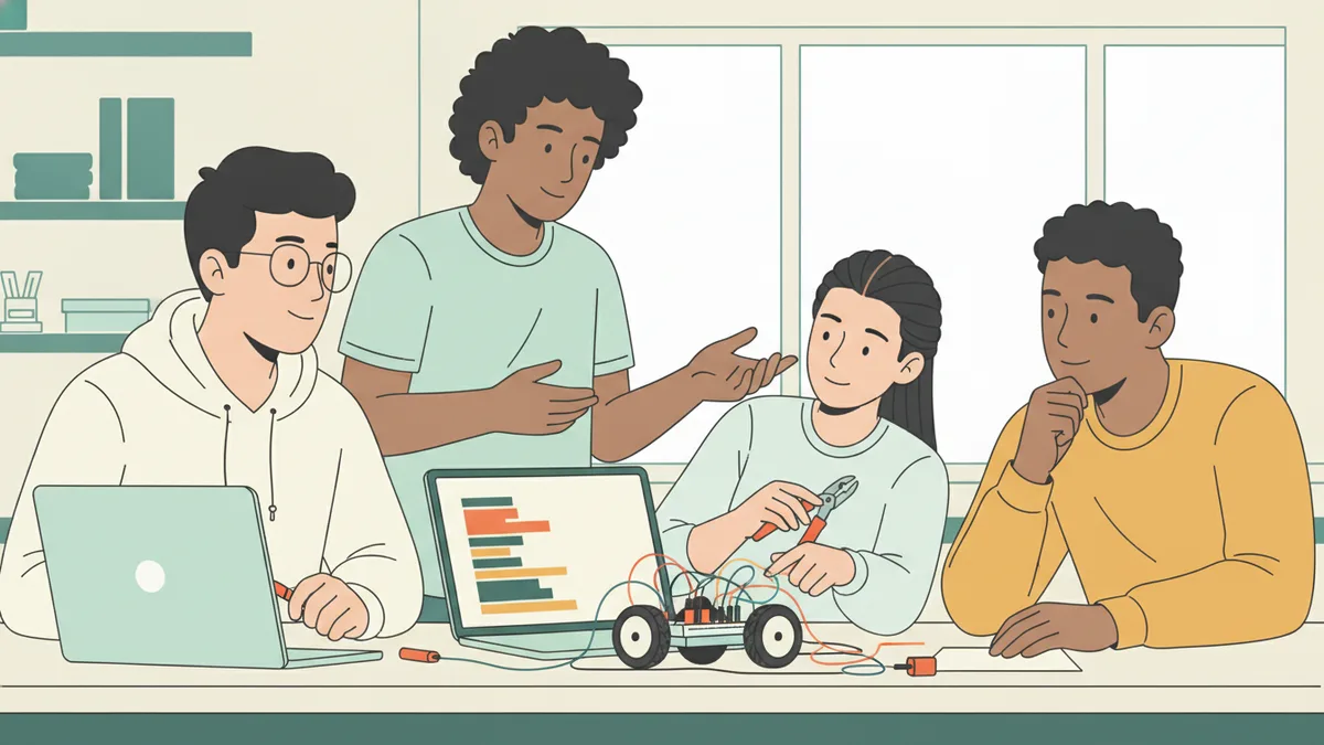 Illustration : quatre étudiants de première année autour d'une table de laboratoire ; l'un tient une pince et câble un petit robot à roues, un autre explique en faisant des gestes, un troisième code sur un ordinateur portable.