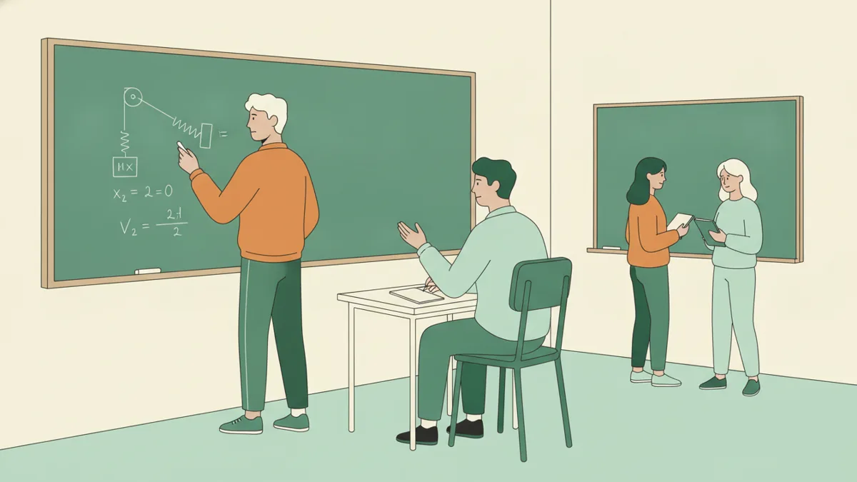 Illustration : dans une petite salle, une étudiante au tableau vert résout un exercice de mécanique pendant qu'un professeur assis prend des notes et lui pose une question ; deux autres élèves préparent leur passage à un second tableau.