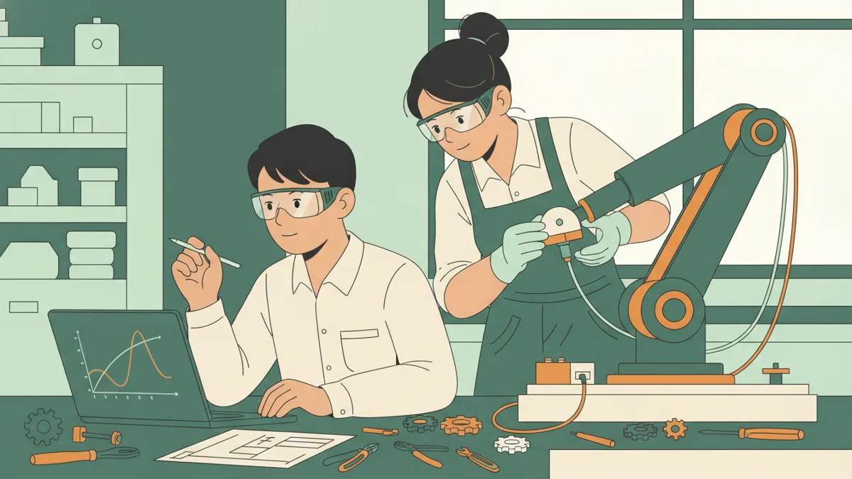 Illustration : deux étudiants en lunettes de protection dans un laboratoire ; l'un lit une courbe sur un ordinateur portable, l'autre règle un bras mécanique monté sur un banc d'essai équipé d'un capteur ; des outils et des engrenages sur la table.