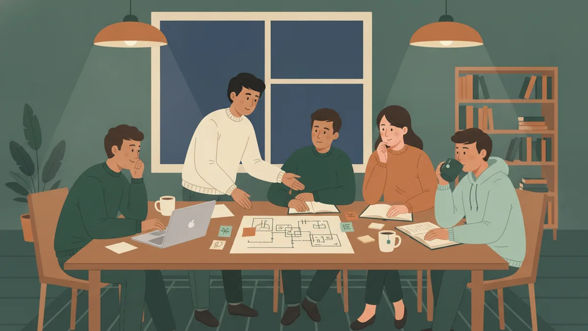 Illustration : le soir, cinq étudiants travaillent autour d'une grande table dans une salle commune ; l'un explique un schéma aux autres, il y a des cahiers, un ordinateur, des post-it et des tasses de thé.