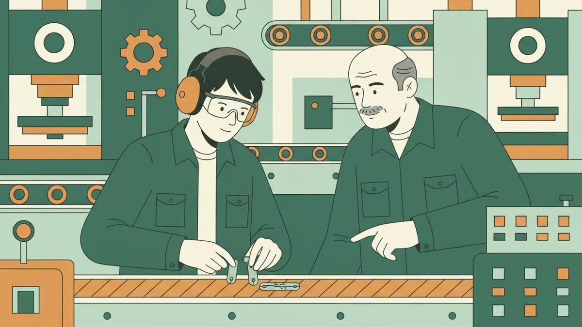 Illustration : un jeune étudiant en lunettes de protection et casque anti-bruit assemble des pièces métalliques sur une ligne de production, à côté d'un opérateur expérimenté qui lui montre le geste ; tapis roulant et machines autour.