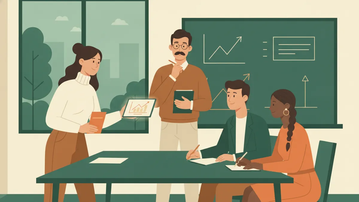 Illustration : en salle de cours, une étudiante présente un produit et une tablette à deux camarades qui jouent les acheteurs, de l'autre côté d'une table ; un professeur observe en tenant un carnet.