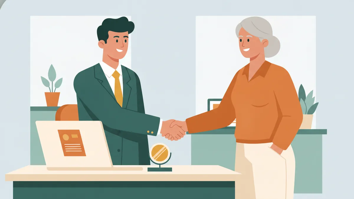 Illustration : dans un bureau, un jeune homme en costume vert serre la main d'une cliente souriante, de l'autre côté d'un bureau où un ordinateur affiche une proposition commerciale.