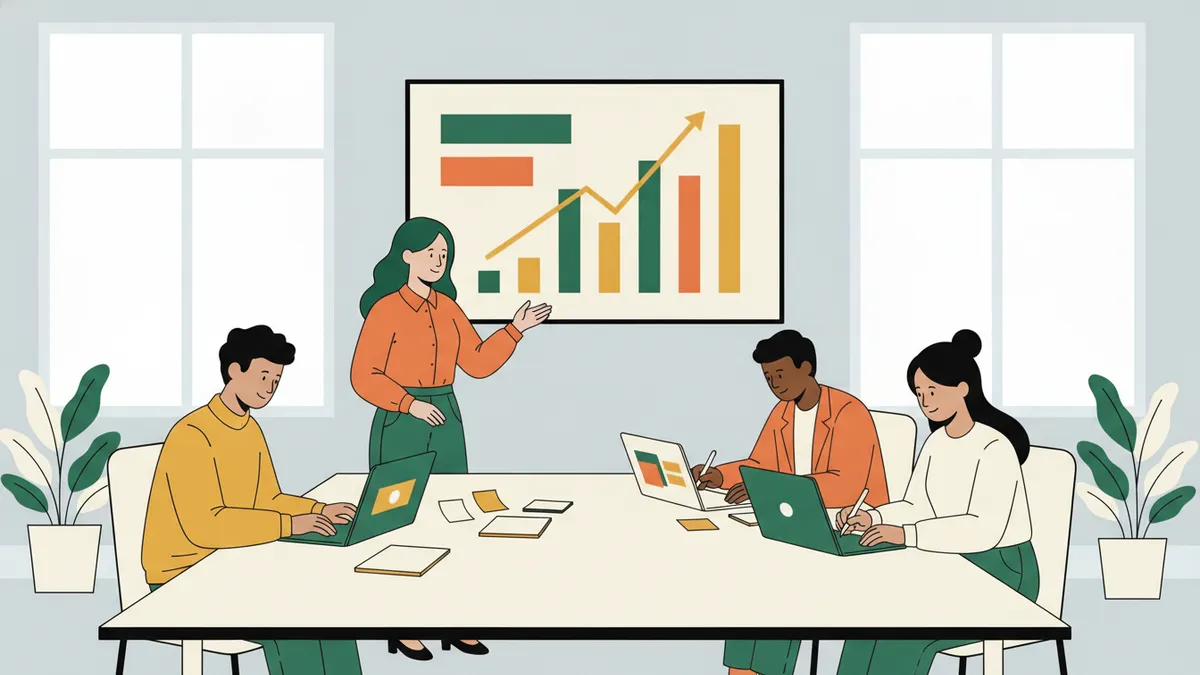Illustration : quatre étudiants autour d'une table dans une salle claire ; une étudiante debout montre à l'écran un graphique de ventes en barres avec une courbe qui monte, les autres prennent des notes sur ordinateur et sur des post-it.