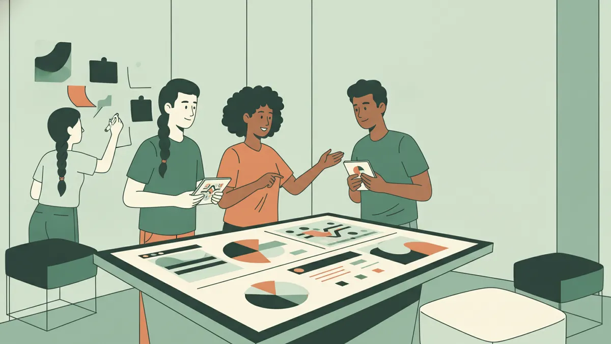 Illustration : un petit groupe d'étudiants autour d'un grand écran tactile posé à plat qui affiche des tableaux de bord et des graphiques ; une étudiante pointe un graphique, un autre tient une tablette, une troisième colle des post-it sur un mur vitré.