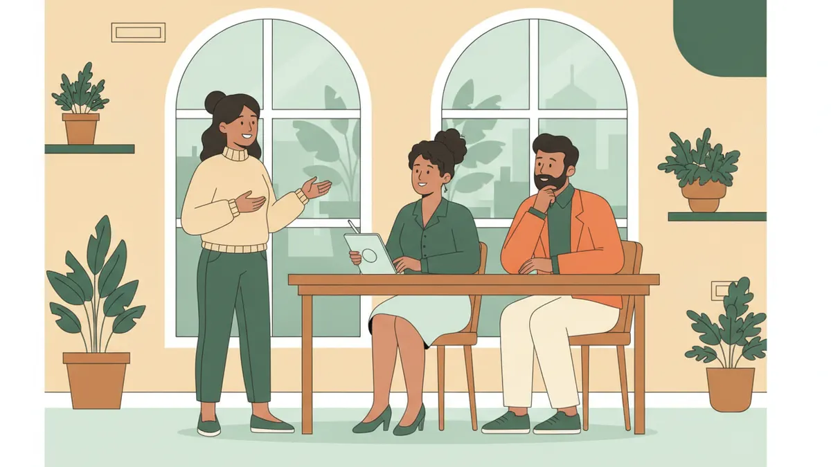 Illustration : une étudiante debout parle avec un jury composé d'une enseignante et d'un professionnel assis à une table, dans une pièce lumineuse avec des plantes et de grandes fenêtres.