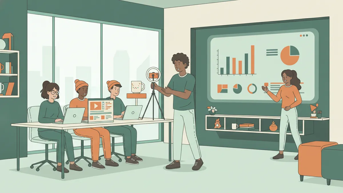 Illustration : dans une salle de projet lumineuse, un étudiant filme un produit avec un smartphone sur trépied et un anneau lumineux ; deux autres montent la vidéo et préparent une publication sur ordinateur, une étudiante commente des graphiques d'audience sur un grand écran.