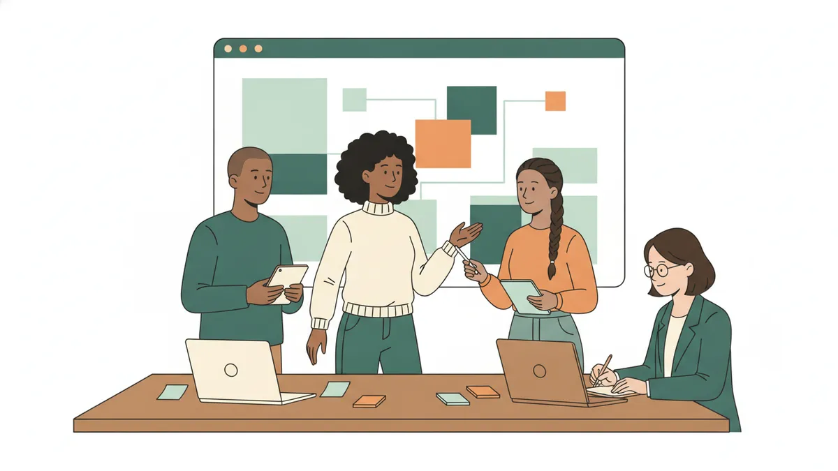 Illustration : une équipe de trois étudiants présente une campagne numérique devant un écran à une professionnelle qui prend des notes ; ordinateurs portables et notes adhésives sur la table.
