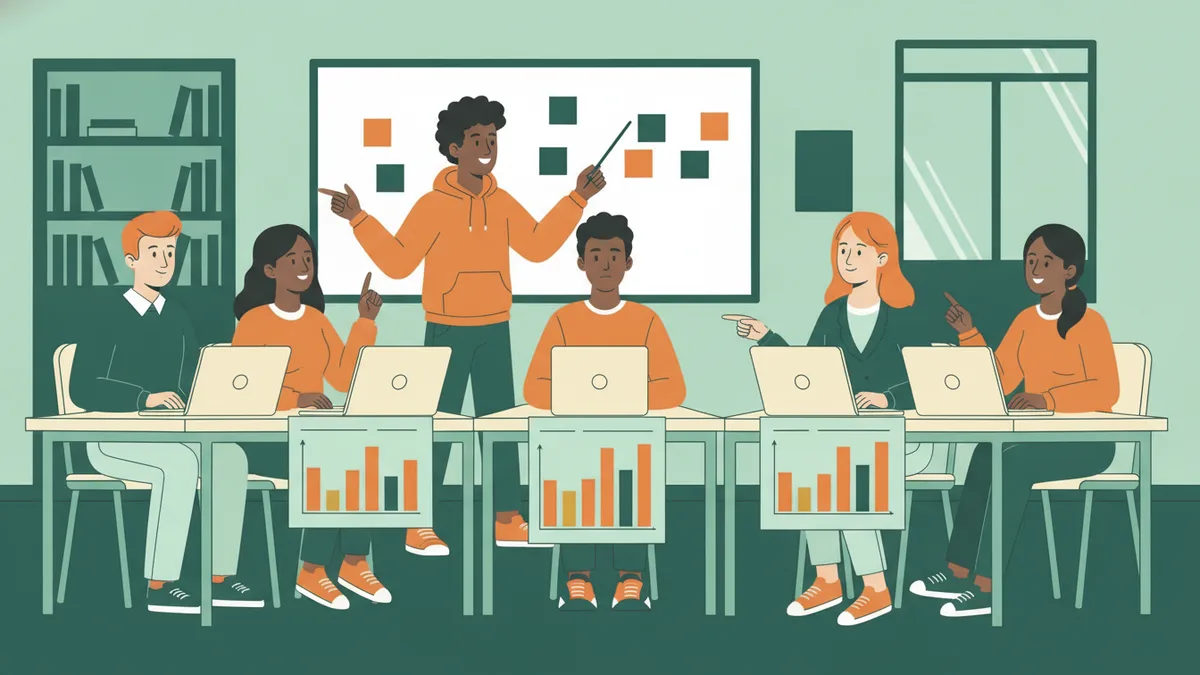 Illustration : une salle de classe pendant un jeu d'entreprise ; trois équipes d'étudiants travaillent sur des ordinateurs portables devant des graphiques en barres ; un étudiant debout présente une décision devant un tableau couvert de post-it.