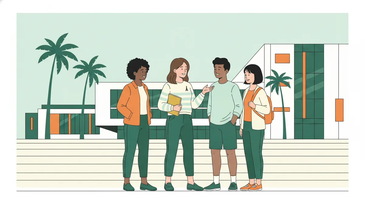 Illustration : quatre étudiants discutent sur les marches d'un campus universitaire moderne entouré de palmiers ; une étudiante tient un carnet.