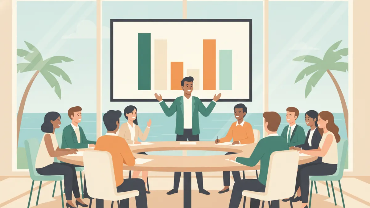 Illustration : des étudiants de toutes origines débattent autour d'une table de séminaire ; un étudiant debout présente un graphique en barres à l'écran ; par les grandes baies vitrées, on voit la mer et des palmiers.