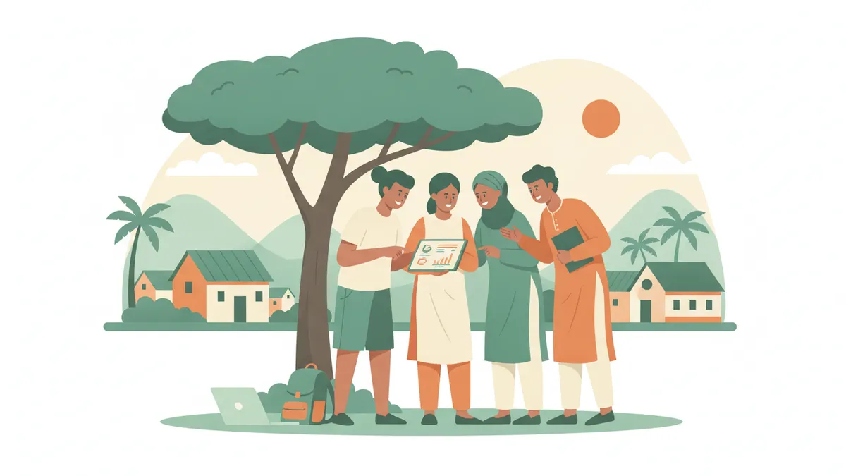 Illustration : sous un grand arbre, dans un village ensoleillé à l'étranger, une étudiante avec son sac à dos regarde une tablette avec l'équipe d'une ONG.