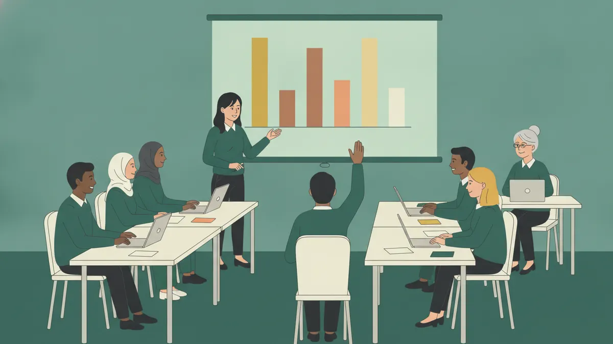 Illustration : dans une salle de cours, une étudiante debout présente un graphique en barres projeté au mur ; autour des tables, des étudiants d'origines variées avec leurs ordinateurs, l'un lève la main pour poser une question.