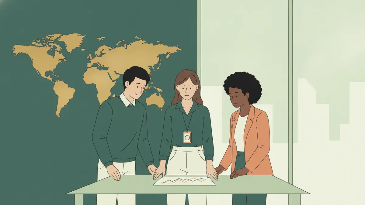 Illustration : dans un bureau moderne avec une carte du monde au mur, une étudiante stagiaire, badge autour du cou, examine un graphique imprimé avec deux collègues ; derrière, de grandes baies vitrées sur une ville.