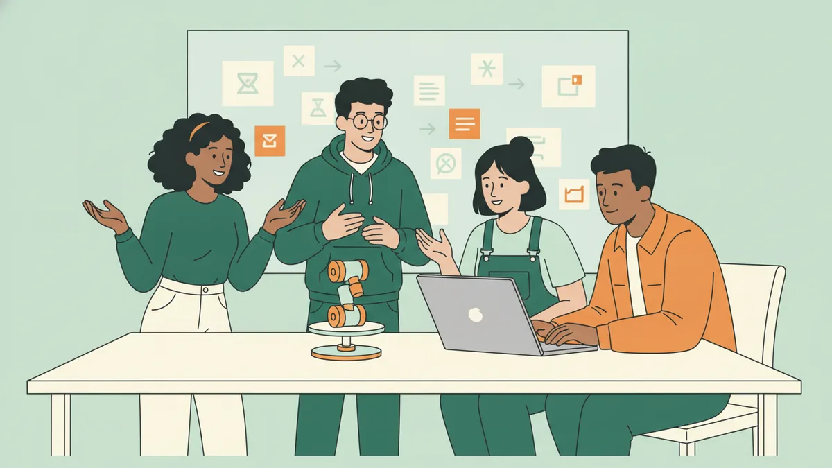 Illustration : quatre étudiants autour d'une grande table, devant un mur couvert de post-it ; un prototype de bras articulé imprimé en 3D est posé à côté d'un ordinateur portable, et tous discutent en faisant des gestes.