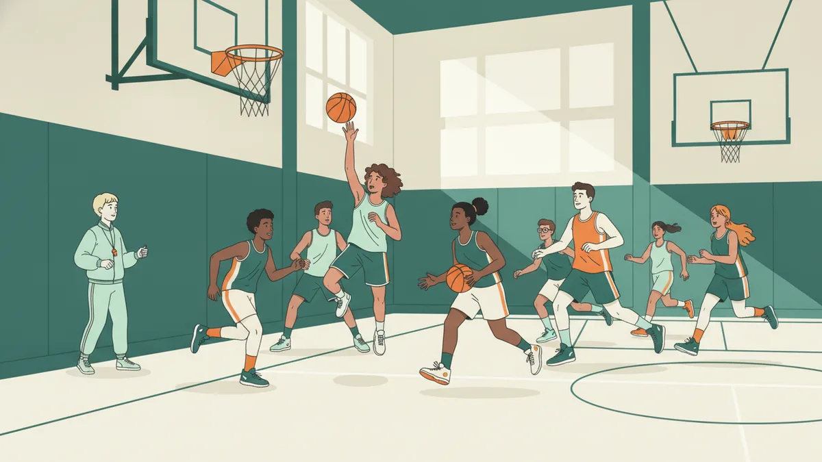 Illustration : dans un gymnase, des étudiants en tenue de sport jouent au basket ; une joueuse saute pour marquer, un enseignant avec un sifflet suit le match depuis le bord du terrain.