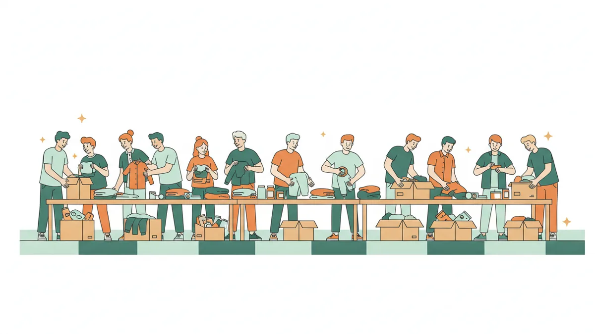 Illustration : une longue rangée d'étudiants trie et emballe des vêtements et de la nourriture dans des cartons posés sur des tables, dans une grande salle.