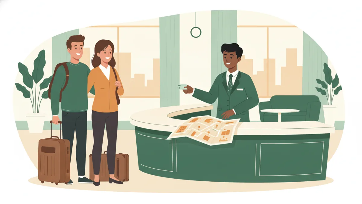 Illustration : à la réception d'un hôtel, un jeune apprenti en uniforme accueille un couple de voyageurs avec leurs valises, leur tend une carte-clé et leur montre un plan de la ville en souriant.