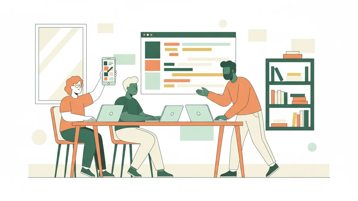 Illustration : autour d'une table, deux jeunes apprentis développeurs travaillent sur leurs ordinateurs portables ; l'une montre sur son téléphone la maquette d'une application mobile, pendant qu'un formateur désigne un écran couvert de blocs de code colorés.