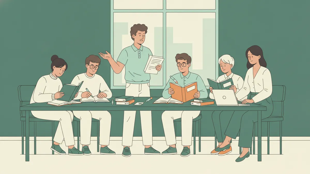 Illustration : en salle de TD, une étudiante debout défend un point de vue, documents en main ; autour d'elle, des étudiants annotent des codes juridiques et des manuels d'économie ; un jeune enseignant écoute, assis sur le bord du bureau.