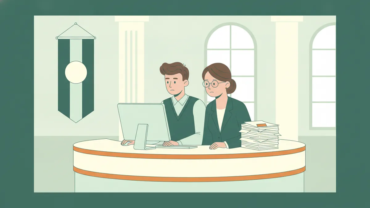Illustration : à l'accueil d'une mairie, une jeune stagiaire et une agente regardent ensemble un écran d'ordinateur, une pile de formulaires administratifs à côté d'elles.
