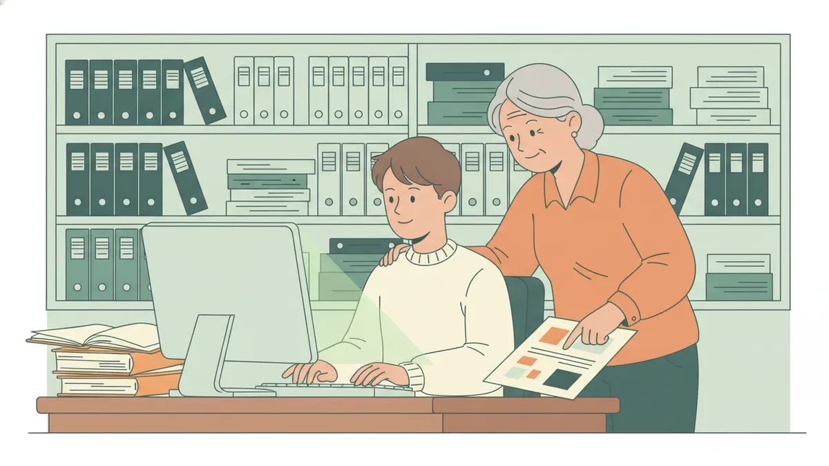 Illustration : un étudiant stagiaire tape sur un ordinateur dans un petit bureau de mairie rempli de classeurs ; une fonctionnaire plus âgée se penche pour lui expliquer un document.