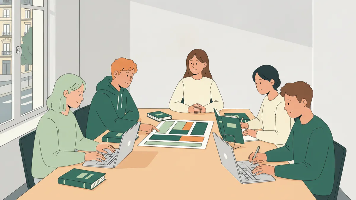 Illustration : cinq étudiants autour d'une table de petite salle de cours, ordinateurs et codes de lois ouverts ; l'un montre un graphique de budget imprimé, une enseignante écoute.