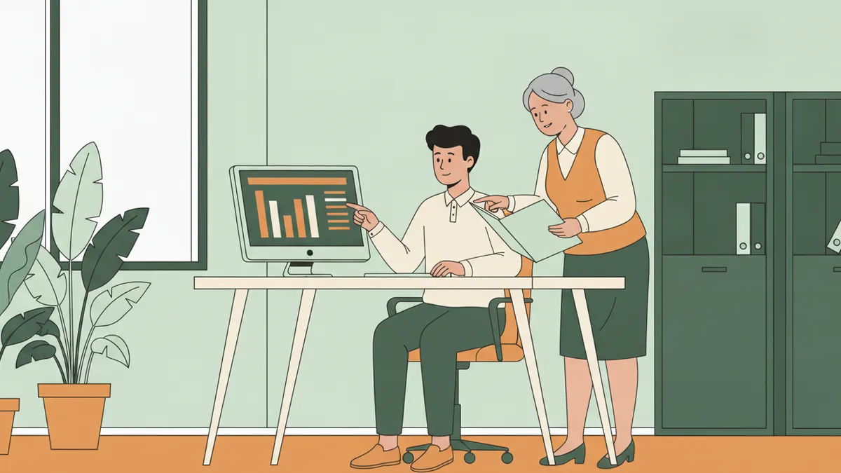 Illustration : un jeune stagiaire travaille sur un tableur avec des graphiques dans un bureau de mairie ; une employée administrative se penche pour lui expliquer en montrant un dossier ; plantes tropicales près de la fenêtre.
