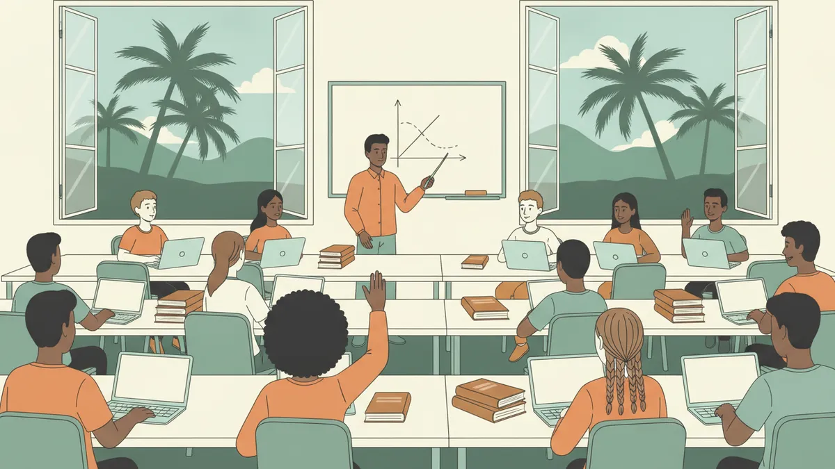 Illustration : une salle de TD sur un campus tropical, palmiers et montagnes vertes derrière les fenêtres ; une douzaine d'étudiants avec ordinateurs et codes de droit ; un enseignant montre une courbe d'offre et de demande au tableau, deux étudiants lèvent la main.