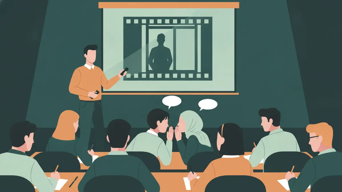 Illustration : dans une salle de cours plongée dans le noir, des étudiants regardent une image projetée en noir et blanc, une silhouette devant une fenêtre ; l'enseignant tient une télécommande et désigne l'image ; deux étudiantes se parlent à voix basse.