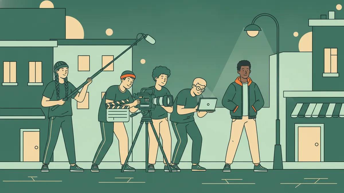 Illustration : dans une rue à la tombée du jour, une équipe de cinq étudiants tourne une scène ; l'un filme avec une caméra sur trépied, une autre tient une perche de son, un troisième une claquette, un quatrième regarde un petit écran, un acteur attend sous un réverbère.