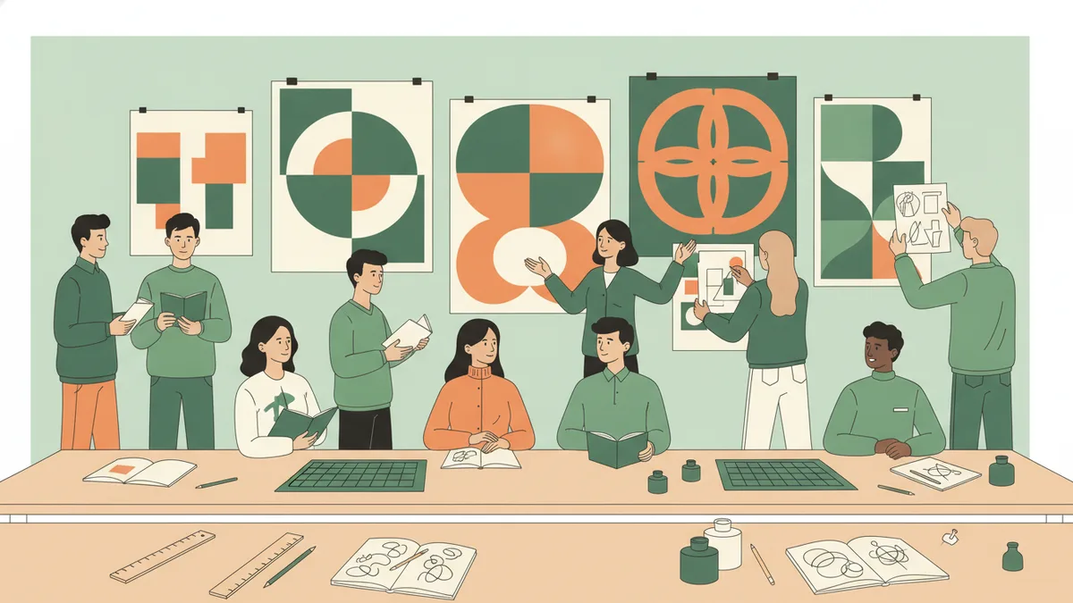 Illustration : un atelier de design à l'université ; des étudiants affichent au mur de grandes affiches faites de formes géométriques et d'aplats de couleur pour une séance de critique ; une enseignante désigne l'une d'elles ; sur les tables, des tapis de coupe, des règles et des carnets.