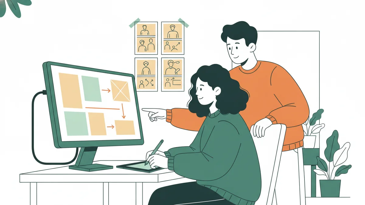 Illustration : une étudiante dessine des maquettes d'interface sur une tablette graphique reliée à un grand écran qui montre des blocs d'écrans d'application et des flèches ; des storyboards en papier sont scotchés au mur ; un camarade regarde par-dessus son épaule.