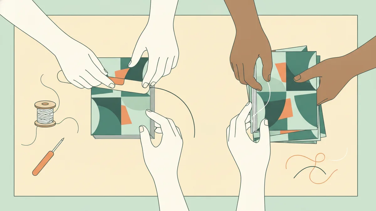 Illustration : gros plan sur des mains d'étudiants qui plient et relient à la main un petit livre aux pages imprimées de motifs géométriques colorés ; un plioir, du fil et une pile de feuilles sur la table.