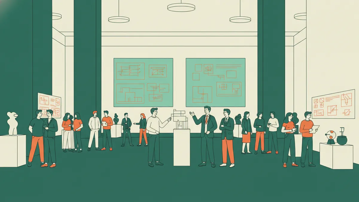 Illustration : dans un grand espace d'exposition, des maquettes sur des socles blancs et des planches de dessins ; une étudiante présente son projet à des enseignants et à des visiteurs.
