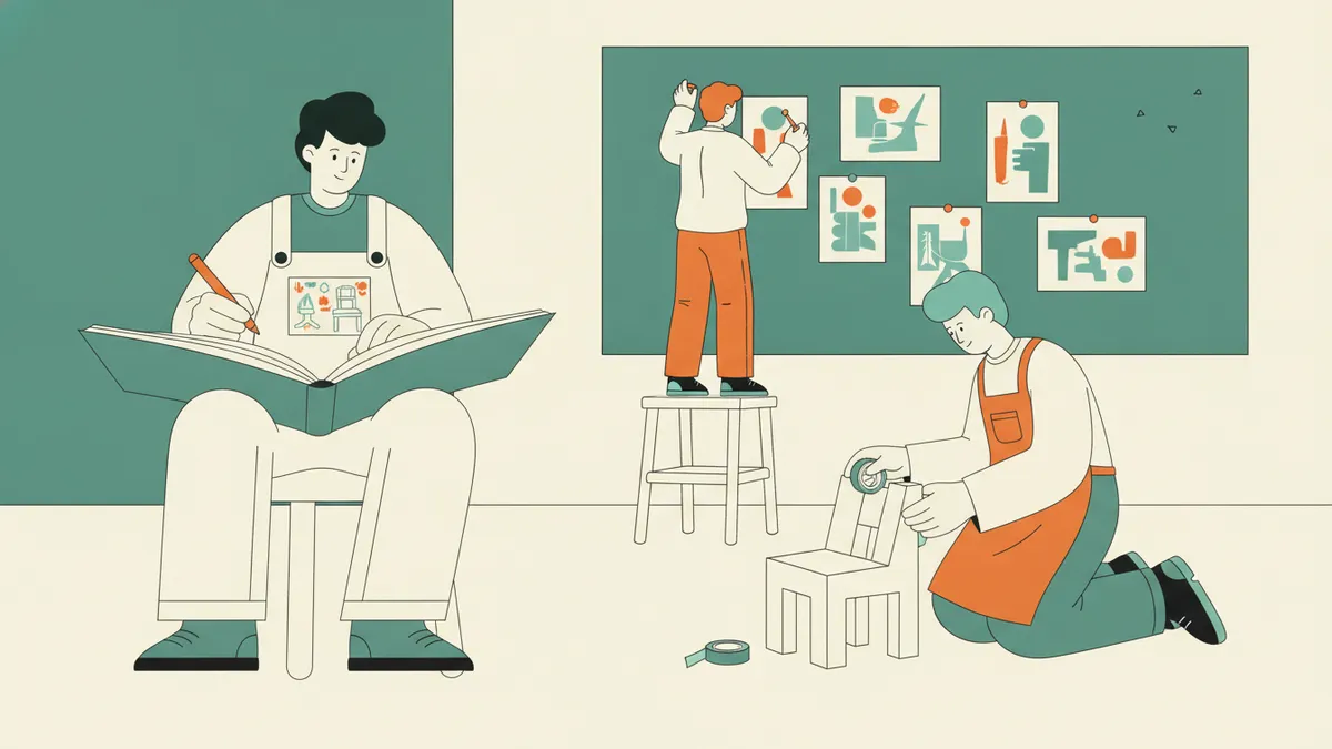 Illustration : dans un atelier, un étudiant dessine dans un grand carnet de croquis, une étudiante épingle des dessins sur un mur, un troisième assemble la maquette d'une chaise en carton blanc.